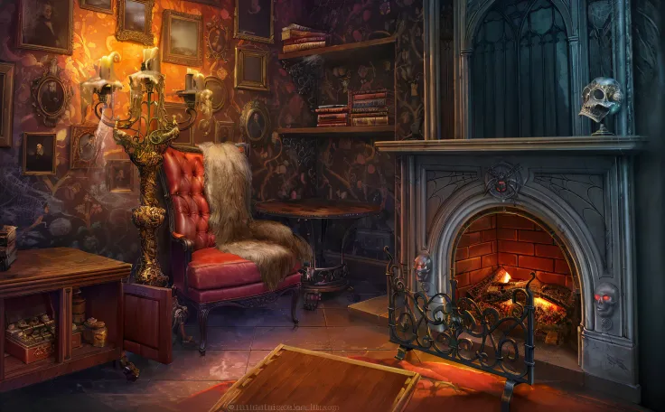 there is a room with a fireplace and a chair in it, interior background art, victorian room, background artwork, gothic mansion room, alchemist library background, personal room background, foreboding room, 8k high quality detailed art, room of a dark mans...