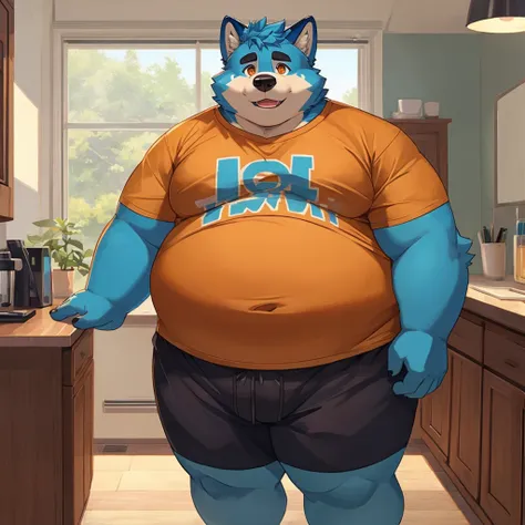 solo, dog, anthro, male, blue fur, orange iris, obese, extremely fat cheeks, large belly, wearing cropped t-shirt, wearing boxers, indoors