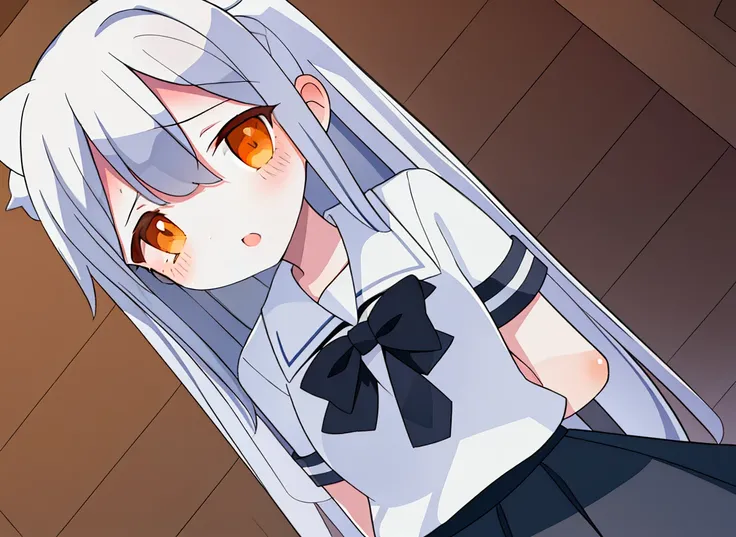 1 girl, high school uniform, Background city, white colored hair, Orange Eyes.