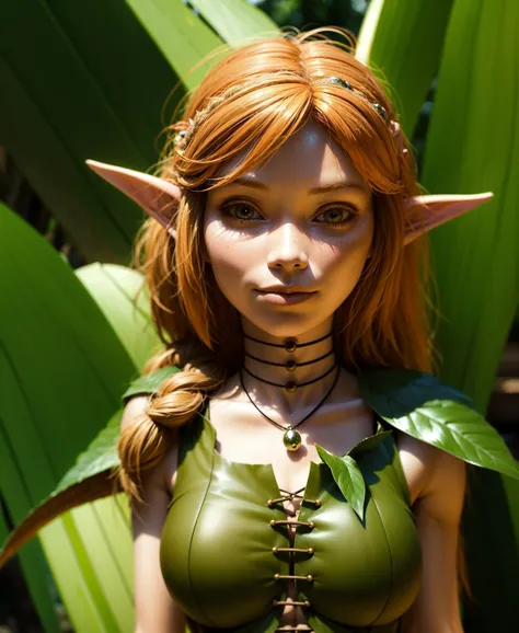 elf ears, leaf costume, ginger hair, 1girl, solo, upper body, facing viewer, looking at viewer, smile,, detailed, analog style, ...