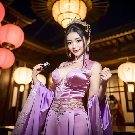 ((top-quality、masutepiece、8K、Top image quality、Highly complex and detailed depictions))、(Photographing the upper body of a courtesan from below:1.5)、Chinese garrison house at night、((The most gorgeous Chinese prostitute costume、the most luxurious and luxur...