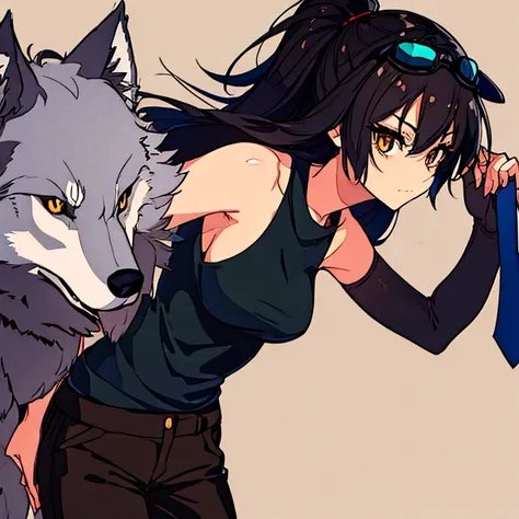 Anime girl  black hair sleeveless grey sweater  wolf cut goggles tan pants brown eyeslong eyelashes cartoonlike