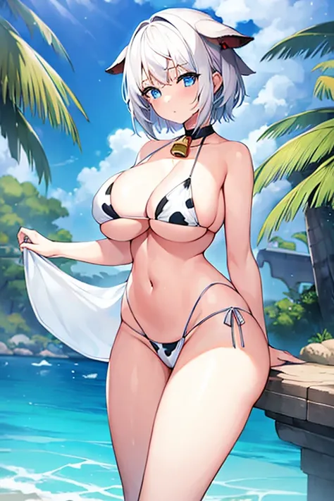 1girl, white hair, large breasts, wide hips, blue eyes, very short hair, white hair, short hair, bikini, micro-bikini, v-string, cow print, white bikini, bell