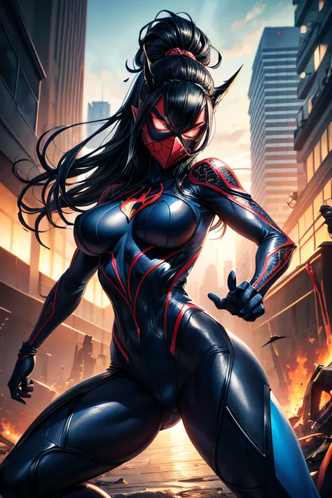 Supervillain Spider-Woman, Mask on the whole face, tight blue and black suit, on roof, combat stance, highly detailed, vibrant appearance, creative behavior, extremly detailed, imaginative, sensual, spontaneous, highest quality, skin texture, intricate det...