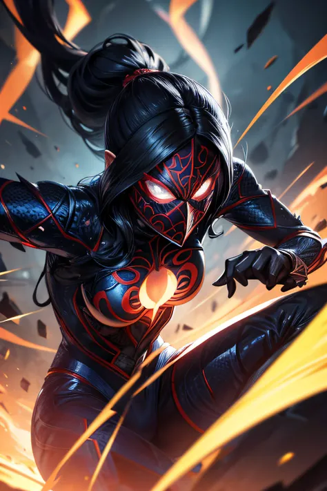 Supervillain Spider-Woman, Mask on the whole face, tight blue and black suit, on roof, combat stance, highly detailed, vibrant appearance, creative behavior, extremly detailed, imaginative, sensual, spontaneous, highest quality, skin texture, intricate det...