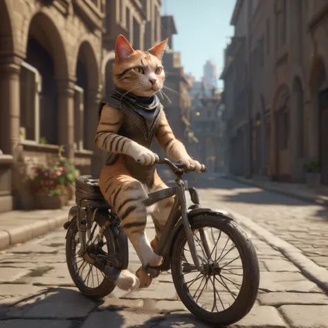 A cat rides a bicycle along a city street, Cat rides a bicycle, fantasy style 8 k octane render, Кинематографический 3D-рендеринг, small character. Unreal Engine 5, (Octane Render) fantasy style, anthro cat, made in unreal engine 5, anthro cat, Popular wit...