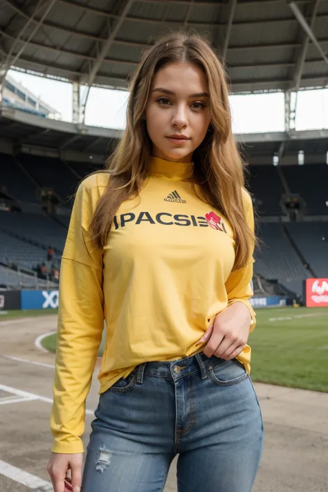 Girl,beautiful girl,influencer,stadium,trying on a red and yellow jersey,black jean,blonde hair,russian,high-quality