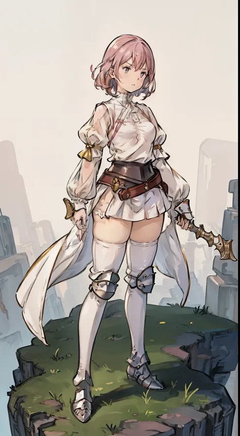 front view, girl, (without emotion), (pink hair, medium hair), (medium breasts size), (((armored white blouse))), ((tight blouse)), stockings, (thick fog:1.2), ((empty around)), (flat stone battleground), thighs