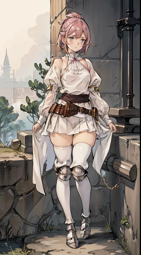 front view, girl, (without emotion), (pink hair, medium hair), (medium breasts size), (((armored white blouse))), ((tight blouse)), stockings, (thick fog:1.2), ((empty around)), (flat stone battleground), thighs