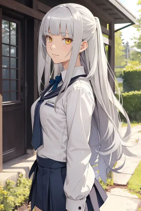 1girl, yellow eyes, style novel, dash isekai anime, long silver hair, blunt bangs, school uniform, super detailed, em Floresta