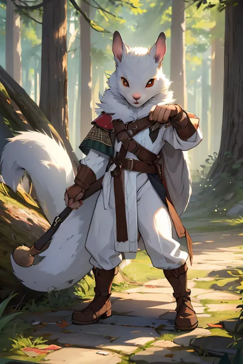 White squirrel, werewolf squirrel, white skin, all covered with wool, Medieval times, Squirrel, squirrel on two legs, squirrel covered only with fur and without clothes, small rodent, wild squirrel, one squirrel, in full height.