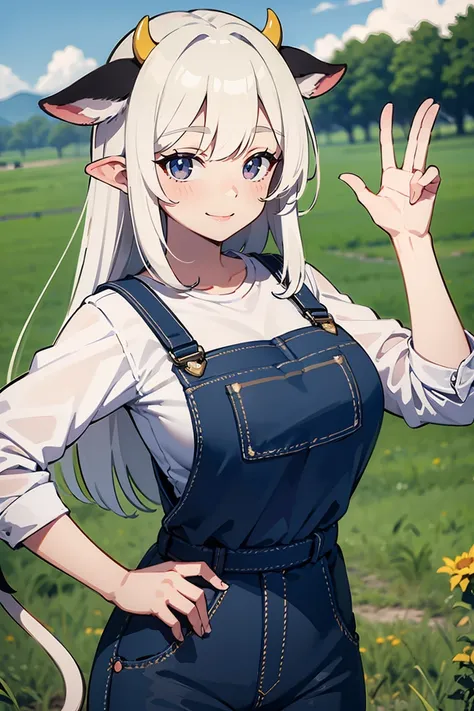 cow themed succubus wearing blue farm overalls over a white shirt, black and white hair, cow ears, cow tail, large bust, cow eyes, smile, sunny, on a farm, blushing