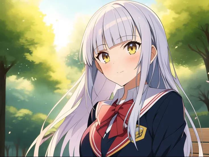 1girl, yellow eyes, style novel, dash isekai anime, long silver hair, blunt bangs, school uniform, super detailed, em Floresta