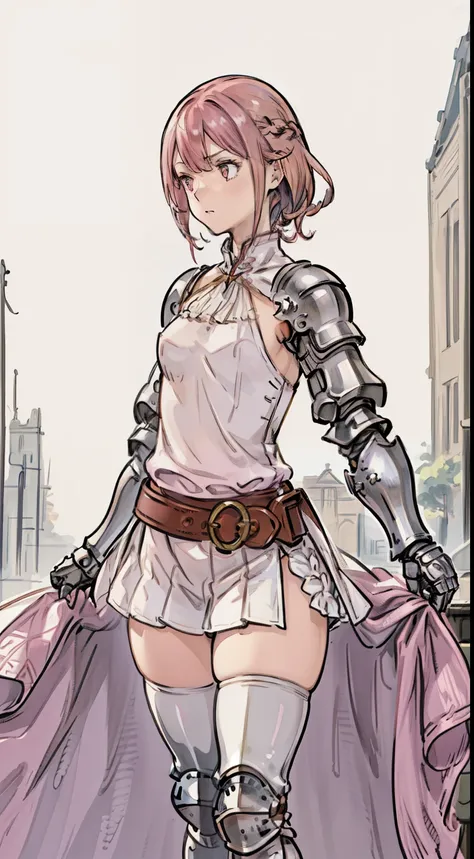 front view, girl, (without emotion), (pink hair, medium hair), (medium breasts size), (((armored white blouse))), ((tight blouse)), stockings, (thick fog:1.2), ((empty around)), (flat stone battleground), thighs