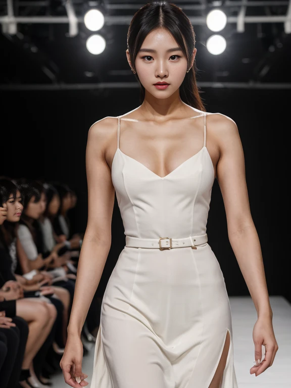 (8k, highest quality, ultra detailed:1.37), (Hana), 18yo, (a South Korean fashion model), struts confidently on the runway during a prestigious fashion week event. Dressed in a stunning designer ensemble, Hanas elegance and poise captivate the audience. Th...