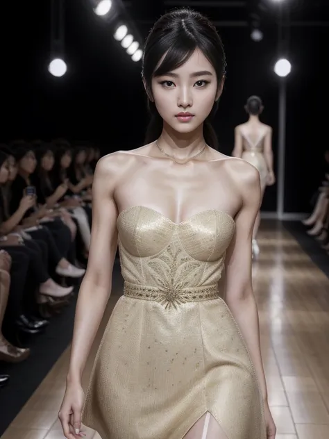 (8k, highest quality, ultra detailed:1.37), (Hana), 18yo, (a South Korean fashion model), struts confidently on the runway during a prestigious fashion week event. Dressed in a stunning designer ensemble, Hanas elegance and poise captivate the audience. Th...