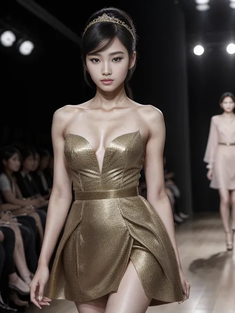 (8k, highest quality, ultra detailed:1.37), (Hana), 18yo, (a South Korean fashion model), struts confidently on the runway during a prestigious fashion week event. Dressed in a stunning designer ensemble, Hanas elegance and poise captivate the audience. Th...