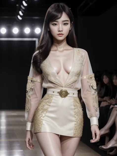 (8k, highest quality, ultra detailed:1.37), (Hana), 18yo, (a South Korean fashion model), struts confidently on the runway during a prestigious fashion week event. Dressed in a stunning designer ensemble, Hanas elegance and poise captivate the audience. Th...