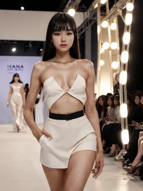 (8k, highest quality, ultra detailed:1.37), (Hana), 18yo, (a South Korean fashion model), struts confidently on the runway during a prestigious fashion week event. Dressed in a stunning designer ensemble, Hanas elegance and poise captivate the audience. Th...