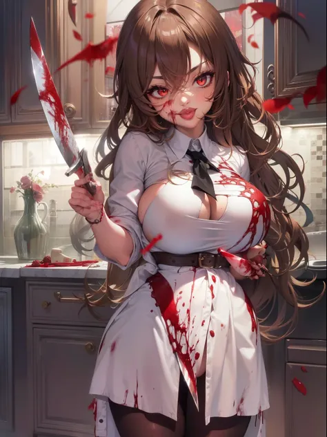 Unpleasant smile of a girl who loves knive、Psychopath horror, brown hair, big lips, blood on face, ((holding knife)), juicy lips, big boobs, holding knife by the handle, full body,red eyes long hair