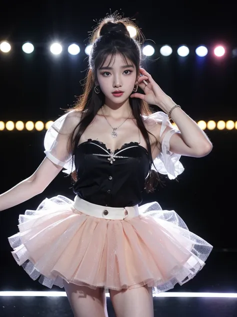 (8k, highest quality, ultra detailed:1.37), (hana), 18yo, (a talented south korean singer), captivates the stage with her powerf...