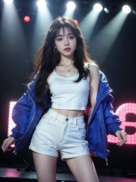 (8k, highest quality, ultra detailed:1.37), (hana), 18yo, (a talented south korean singer), captivates the stage with her powerf...