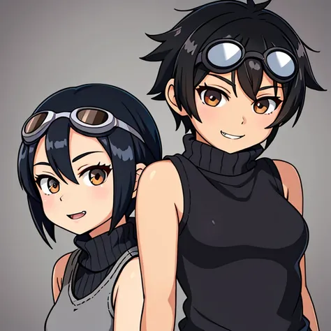 Anime girl  black hair sleeveless grey sweater  short hair goggles on head brown eyes png  fangs