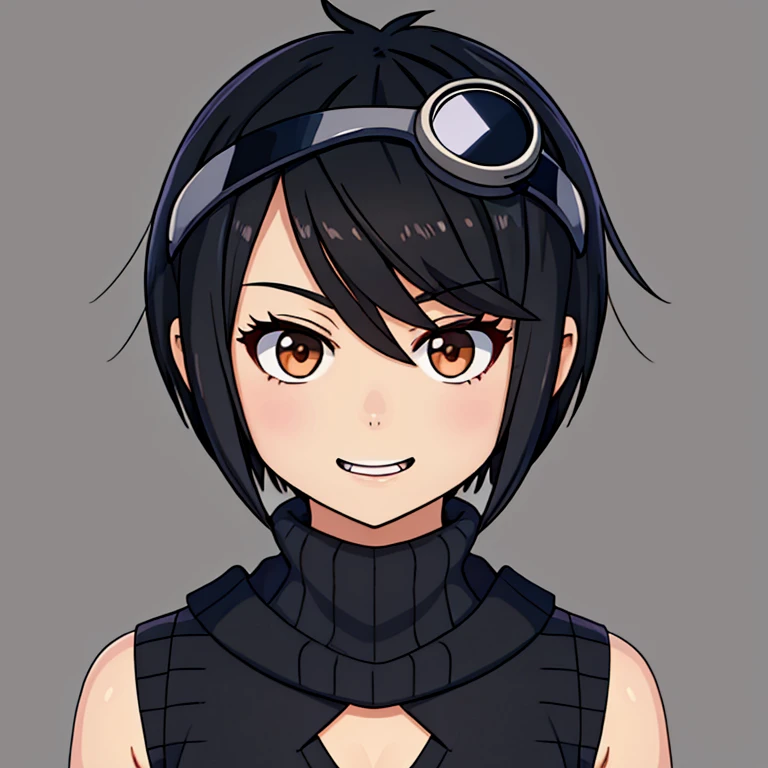 Anime girl  black hair sleeveless grey sweater  short hair goggles on head brown eyes png  fangs