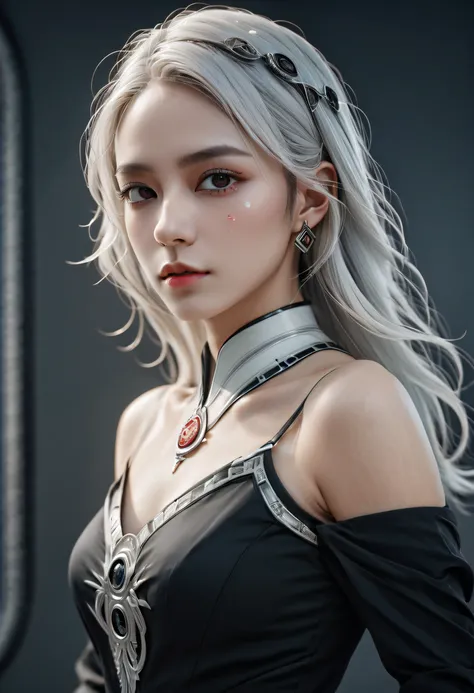 Portrait of a beautiful girl with wavy white hair, wearing a formal black dress with metal parts, red eyes, monograms in the background, digital painting, dark colors, 8k, complex details, vintage, retro futuristic style, sharp focus on the center, pastel ...