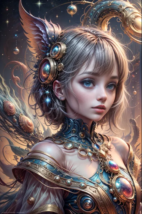 "young girl from the stars, (shimmering fur), celestial antennae, shell of wonder, planetary dreamscape, (cosmic enchantment), s...