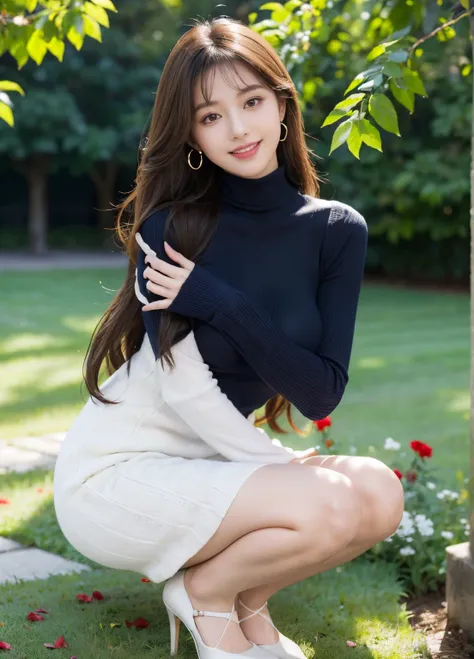 (female, 22 years old), (medium big breasts:1.3), rose garden、lots of red roses on the background、 ((grab the viewer's hand)), (...