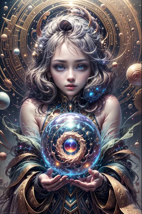 "young girl from the stars, (shimmering fur), celestial antennae, shell of wonder, planetary dreamscape, (cosmic enchantment), s...