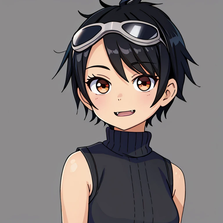 Anime girl  black hair sleeveless grey sweater  short hair goggles on head brown eyes png  fangs