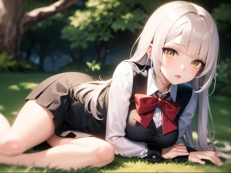 1girl, yellow eyes, style novel, dash isekai anime, long silver hair, blunt bangs, school uniform, super detailed, em Floresta