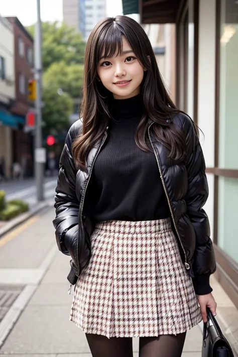 the cutest girl who works as a gravure idol、with shiny brown hair、she is captivating with her down jacket, cute houndstooth mini...