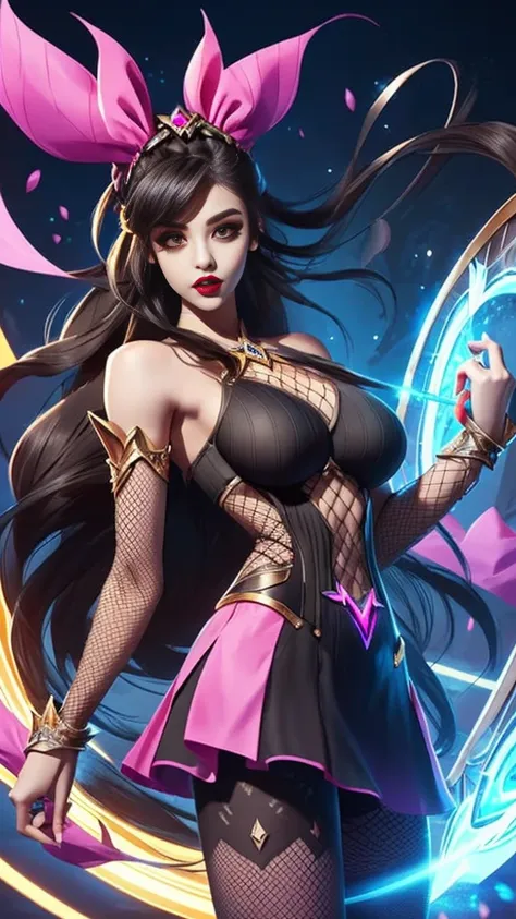 A curvy girl with a mini skirt in fishnet leggings, with wavy black shoulder length hair, big eyelashes and eyeliner with big round pink lips, big boobs and hourglass body,  holding a badass bow In League of Legends art style