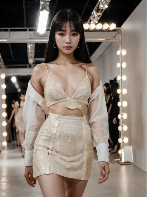 (8k, highest quality, ultra detailed:1.37), (Hana), 18yo, (a South Korean fashion model), struts confidently on the runway during a prestigious fashion week event. Dressed in a stunning designer ensemble, Hanas elegance and poise captivate the audience. Th...