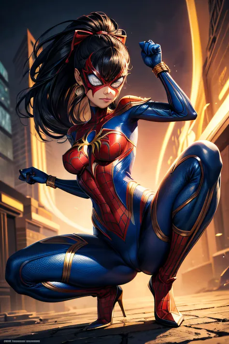 Supervillain Spider-Woman, Mask on the whole face, tight blue spider man suit with golden add-ons, small breasts, on roof, combat stance, highly detailed, vibrant appearance, creative behavior, extremly detailed, imaginative, sensual, spontaneous, highest ...