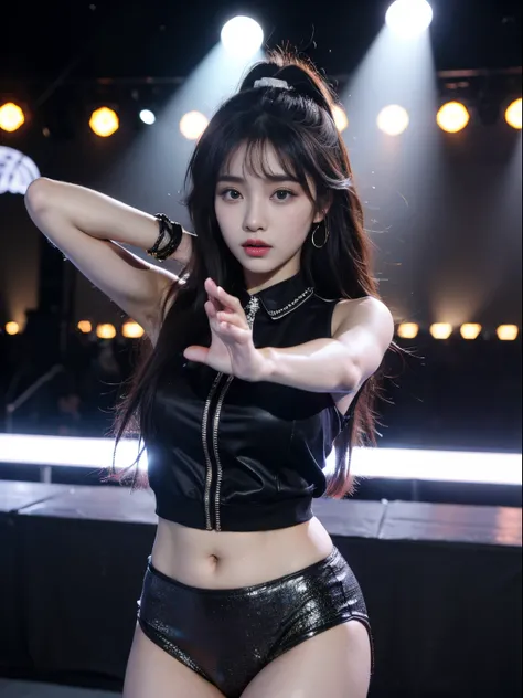 (8k, highest quality, ultra detailed:1.37), (hana), 18yo, (a talented south korean singer), captivates the stage with her powerf...