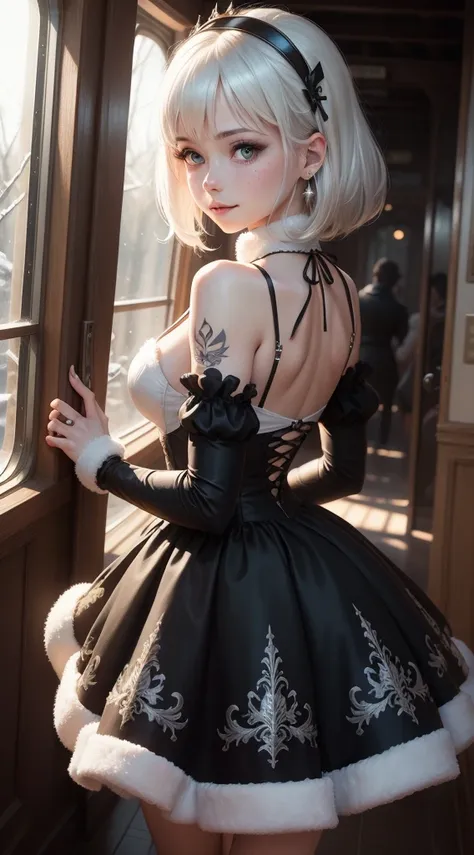 Gwen Tennyson,Trazador,YORHA 2B,Rebecca Chambers,Nier Automata,Taller Ryza, cerrar,bosque de navidad,Tatuajes,Traje blanco,top cristal manga corta azul, Vestido largo con bordado plateado y copo de nieve blanco,silver embroidered crystal corset,Bragas blan...