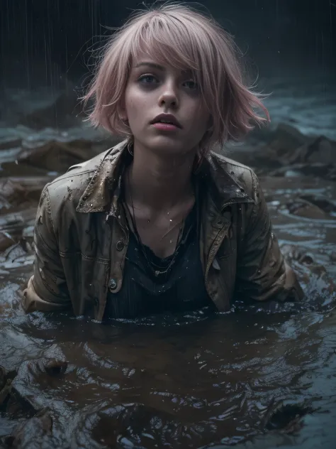 (Best Quality,hight resolution,Masterpiece, Overhead view:1.20),Ultra-detailed,The woman,Wide flares on jeans,sickly,drowning in a swamp,standingn:1.2, fetish, Posing, overcomes shame:1.3, (at the bottom of a mud pit:1.3),gloomy ecstasy,fetish,dark gloomy ...