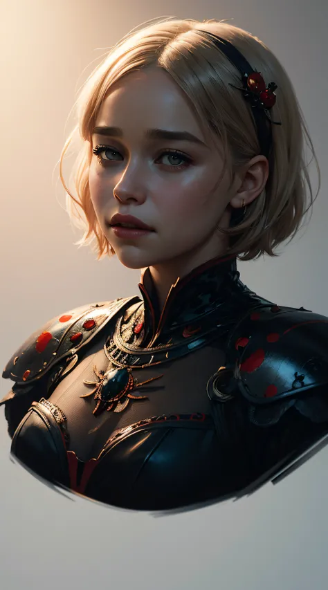 Emilia Clarke, ladybird sexy clothes, character portrait, 3 9 9 0 s, short hair, intricate, elegant, highly detailed, digital painting, artstation, concept art, smooth, sharp focus, illustration, art by wlop, charlie bowater and alexandra fomina