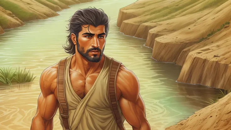 attractive looking muscular Iraqi man with hunter eyes and chiseled jawline. Hes got a slight beard. Walking through the hills on Nineveh. There are cattle in the vicinity. Theres a small flowing river. The time is dawn.