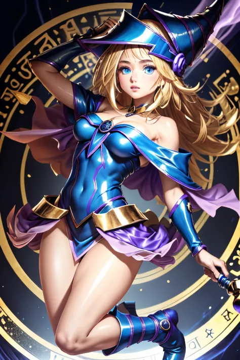 ultra-detailed, extremely detailed, masterpiece, highest quality, best quality, absurdres, highres, dark magician girl, (1girl:1.2), solo, detailed face, dynamic pose, hair flow, (full body:1.1),  blonde hair, long hair, looking at viewer, green eyes, skin...