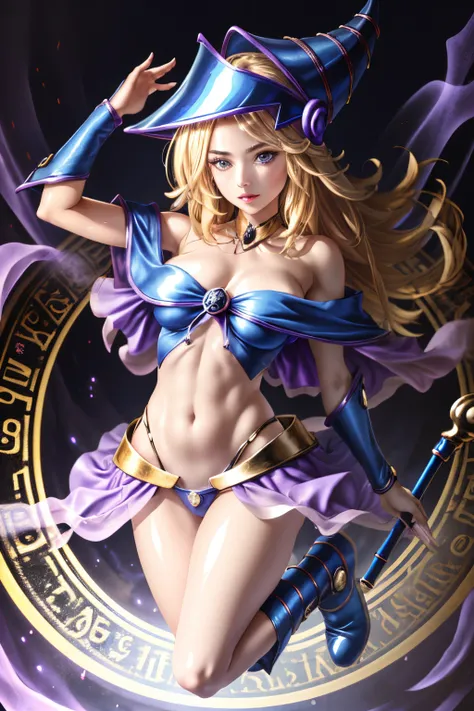 ultra-detailed, extremely detailed, masterpiece, highest quality, best quality, absurdres, highres, dark magician girl, (1girl:1.2), solo, detailed face, dynamic pose, hair flow, (full body:1.1),  blonde hair, long hair, looking at viewer, green eyes, skin...