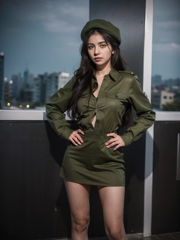 8k, highest quality, ultra detailed:1.37), eliana, 18yo, a beautiful israeli girl, proudly stands in a military uniform, represe...