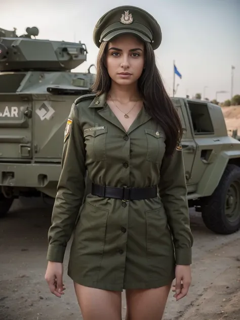 8k, highest quality, ultra detailed:1.37), eliana, 18yo, a beautiful israeli girl, proudly stands in a military uniform, represe...