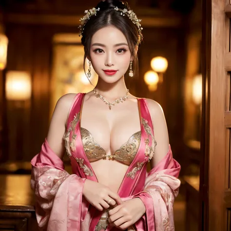 ((top-quality、masutepiece、8K、Top image quality、Highly complex and detailed depictions))、(Describe the upper body of a courtesan:1.5)、The inside of a magnificent guruhouse from the Nara period、((The most gorgeous prostitute costume、the most luxurious and lu...