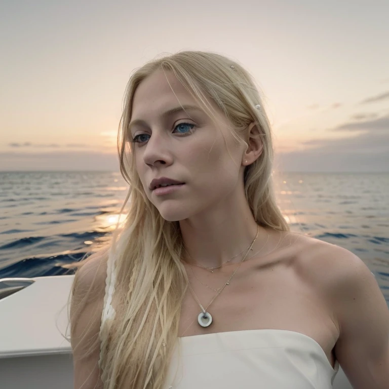 blond woman with long blond hair standing on a boat looking at the camera, nina tryggvadottir, amanda lilleston, on a boat, on the ocean, taken in the early 2020s, at sunset, karolina cummings, magdalena andersson, photograph taken in 2 0 2 0, kirsi salone...