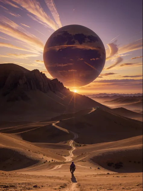 A beautiful and magnificent imaginary landscape crossed by a central path in which you can see the steps of a character who is against the light going towards the sunset on an exotic planet with many colorful sunsets and an extraordinary dust-colored wind ...